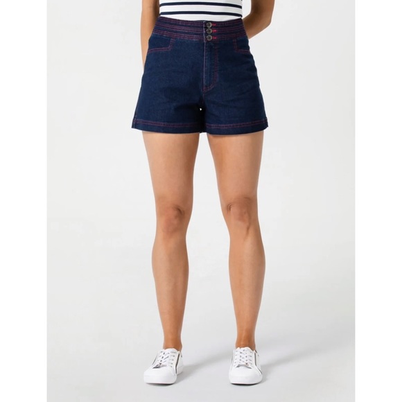 REVIEW 'Going Sailing' Indigo Denim Button Front Stretch Retro Shorts Size 12 - Picture 2 of 13